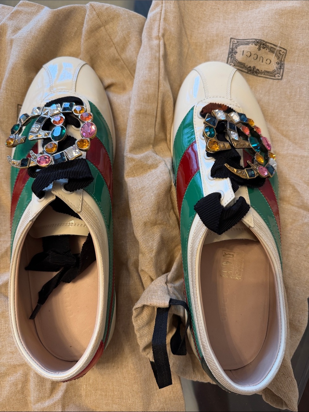 Gucci White Leather Sneakers with Green & Red Web and Jeweled GG